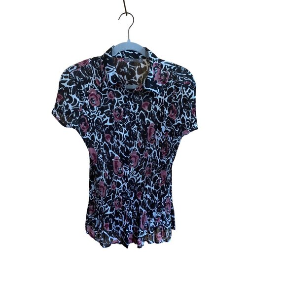 Apt.9 Womens Pleated Button-Down Collared Blouse Black/White/Pink Floral Pattern - Picture 8 of 8